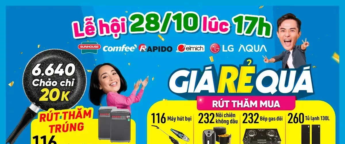 Giá RẺ quá – Duy nhất ngày 28/10 – Cơ hội mua máy giặt 9kg 0đ, chảo 20cm giá 20.000đ